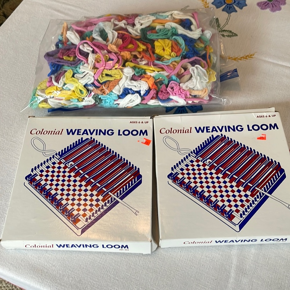 Colonial Weaving Looms (pair) with bag of weaving loops, retro/vintage kits